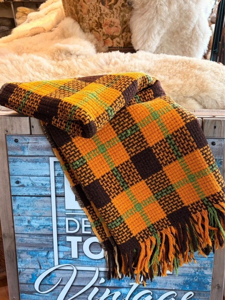 Retro geruit kleed foulard oranje bruin groen 156/133, Gebruikt, Ophalen of Verzenden, Mon Plaisir 19, Etten-Leur, Netherlands