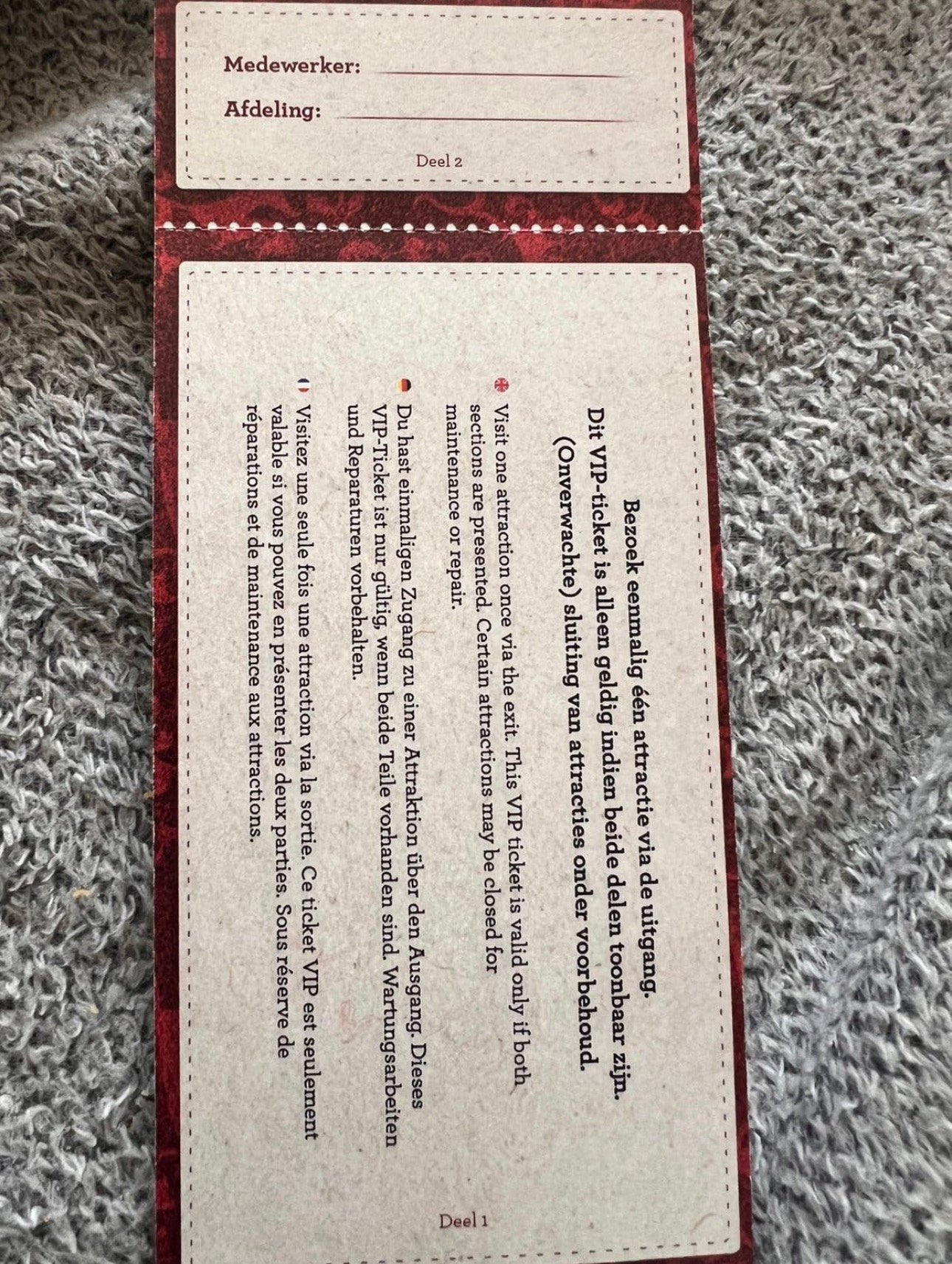 Vip ticket Efteling, Verzamelen, Efteling, Verzenden, Zo goed als nieuw, Overige typen