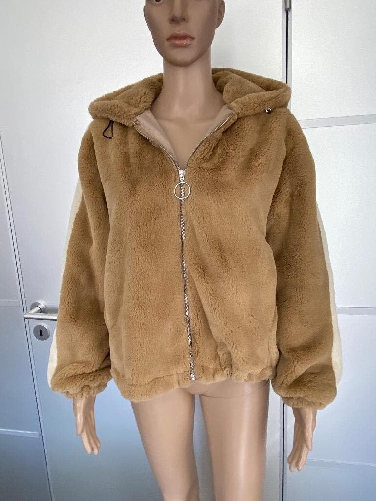 K171 Teddy-jas maat XS/S=34/36 jasje bont vest bruin/beige, Bruin, Zo goed als nieuw, Maat 34 (XS) of kleiner, Bershka