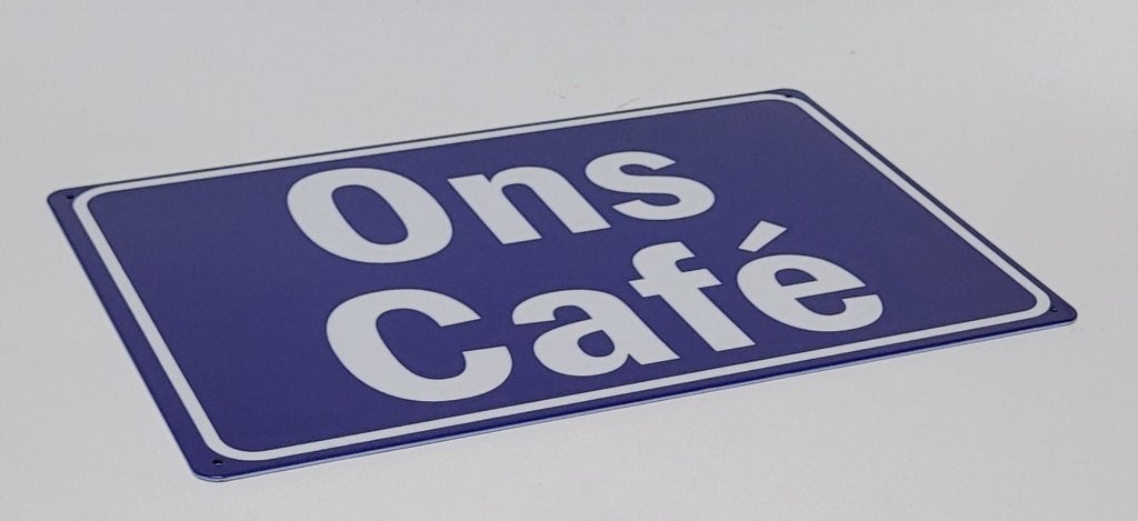 Ons Cafe blauw reclamebord van metaal wandbord decoratie, Info@deconoord.nl, Deco Noord, Nieuw, Ophalen of Verzenden