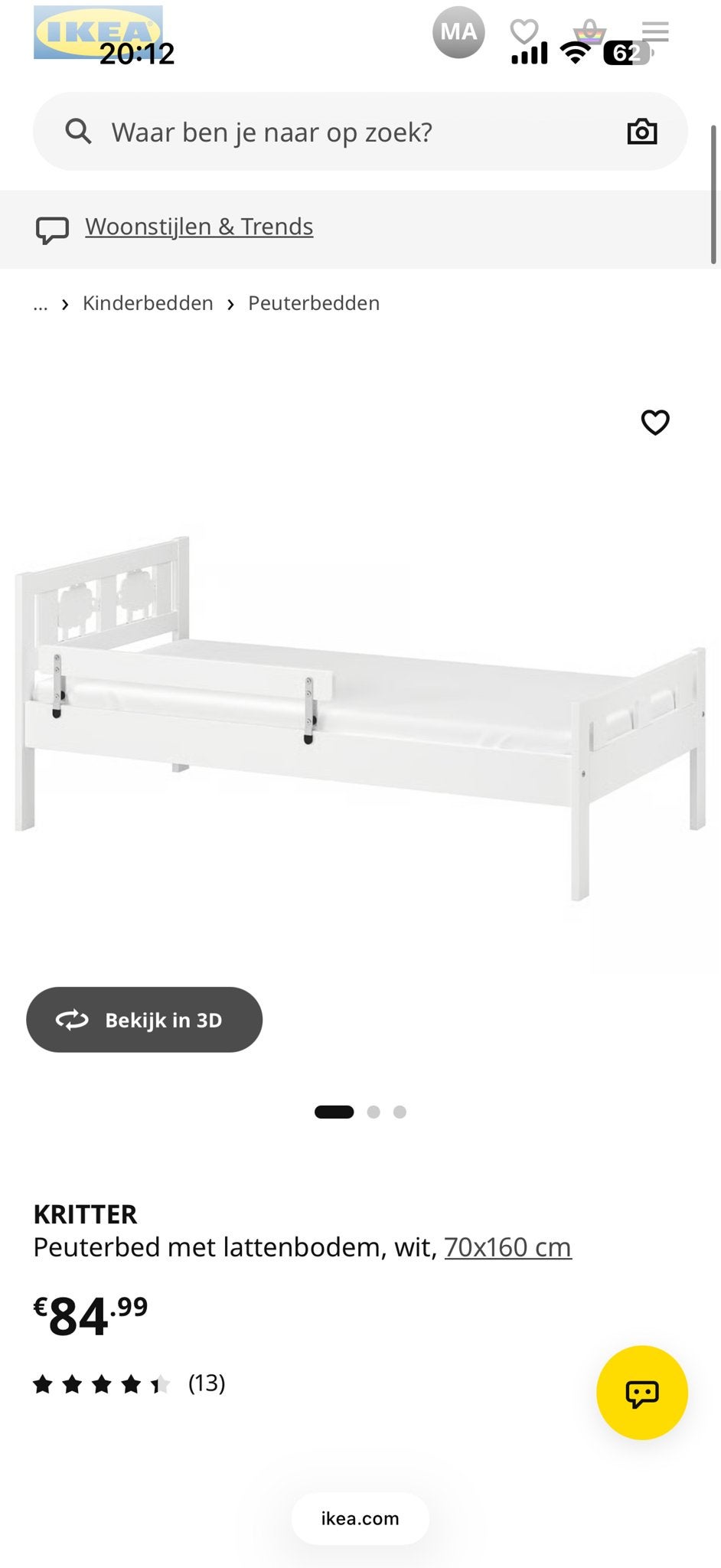 IKEA KRITTER Peuterbed met lattenbodem, wit, 70x160 cm, Ophalen, 70 tot 85 cm, Zo goed als nieuw, Lattenbodem