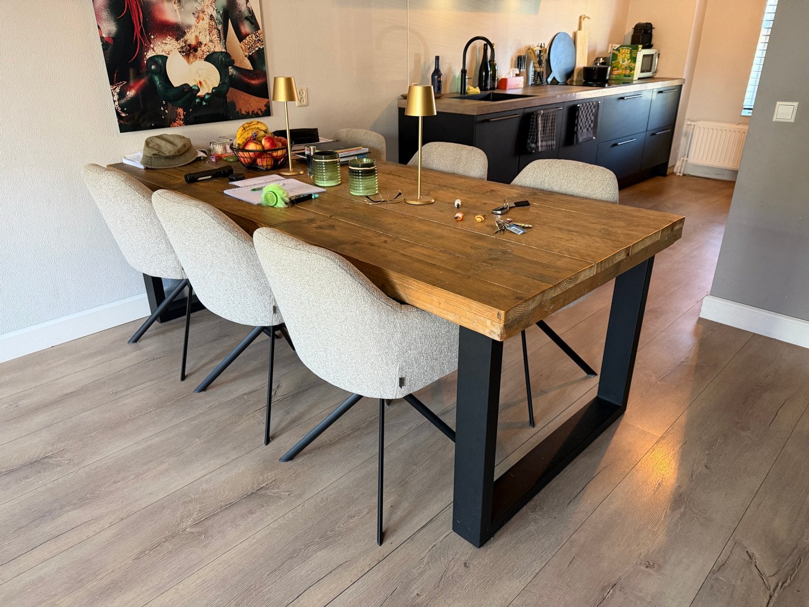 Robuuste eettafel van steiger hout met metalen onderstel, Ophalen, Gebruikt, 50 tot 100 cm, 150 tot 200 cm