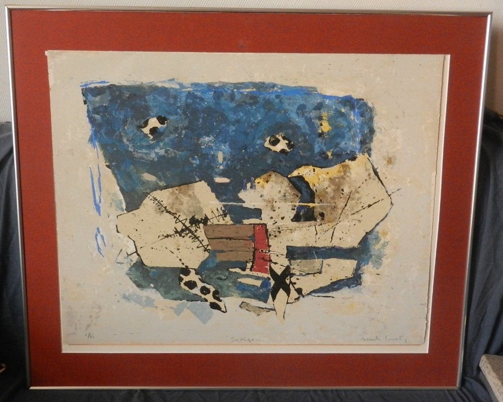 Kleuren litho Abstract titel Indigo Beniti Cornelis(B) 50x65, Ophalen of Verzenden
