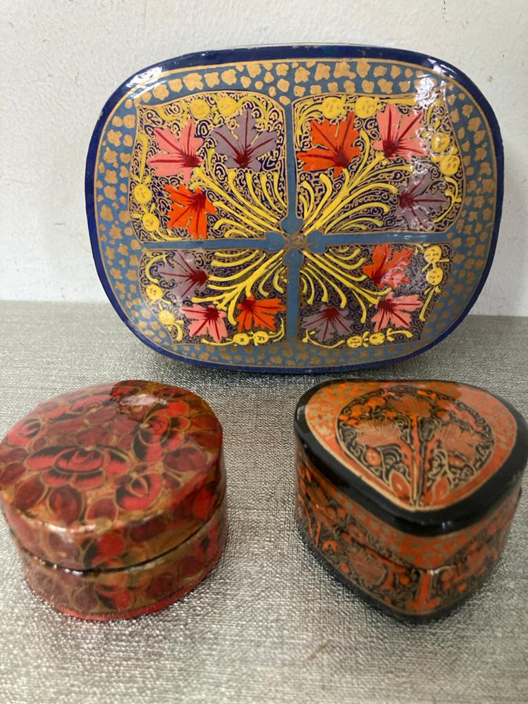 3 handbeschilderde papier-maché doosjes uit Pakistan, Gebruikt, Meerkleurig, Ophalen of Verzenden, Oosters