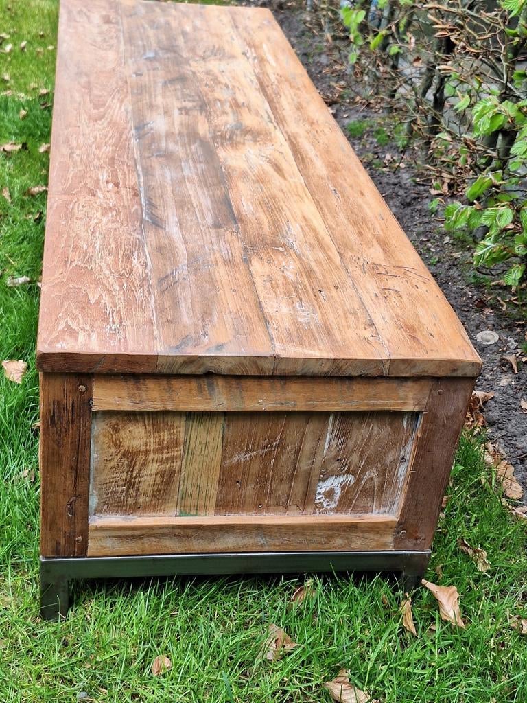 Tv meubel,Teak,metalen onderstel,industrieel,stoer,robuust, Ophalen, Teakhout