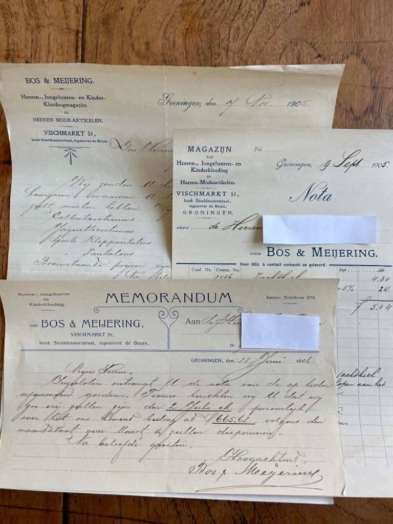 Groningen: 3 facturen Bos & Meijering Heerenkleding 1905, Verzamelen, Ophalen of Verzenden, Voor 1920, Gelopen, Groningen