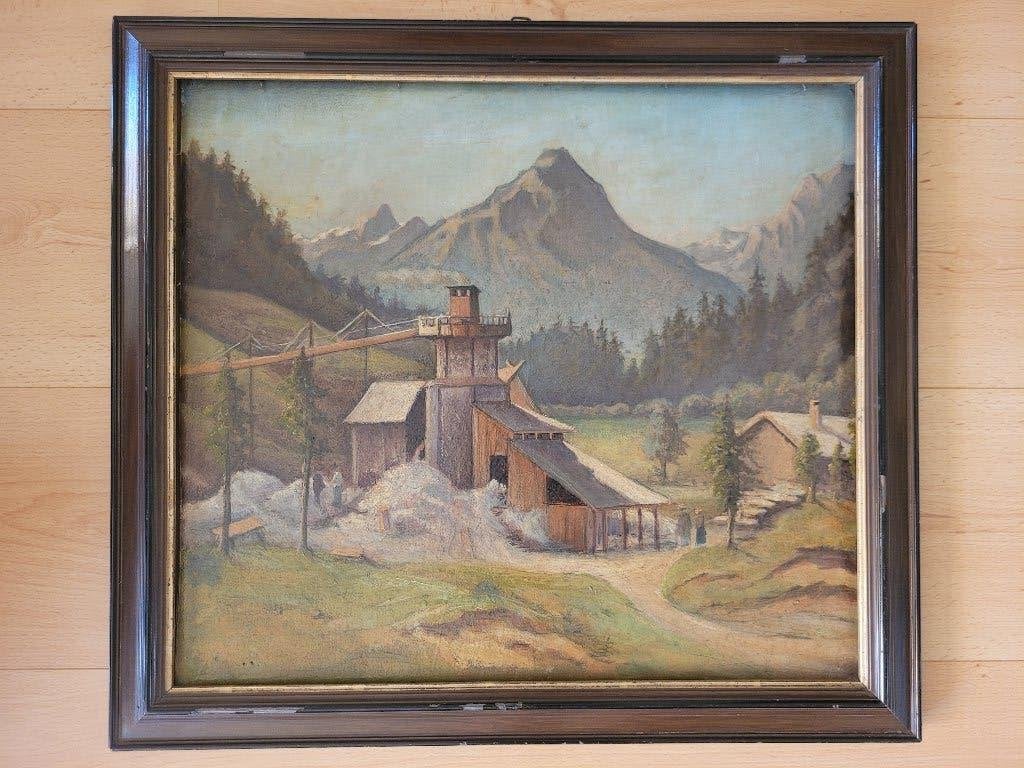 Alpenlandschap met molen olieverfschilderij 1910-1930, Overige ondergronden, Ophalen of Verzenden, Landschap, Olieverf