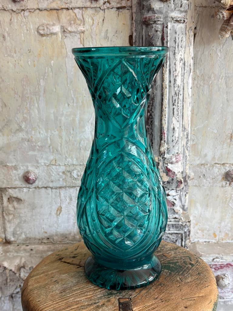 Vintage Rossini Empoli Teal Blue Diamond Print Art vaas, Antiek en Kunst, Ophalen of Verzenden