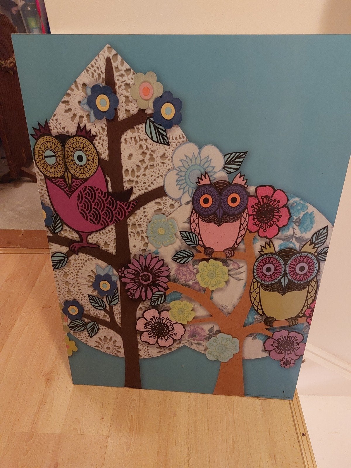 Vrolijk Uilen Schilderij 70x50 cm voor Kinderkamer, 50 – 75, Minder dan 50 cm, Gebruikt, Ophalen of Verzenden