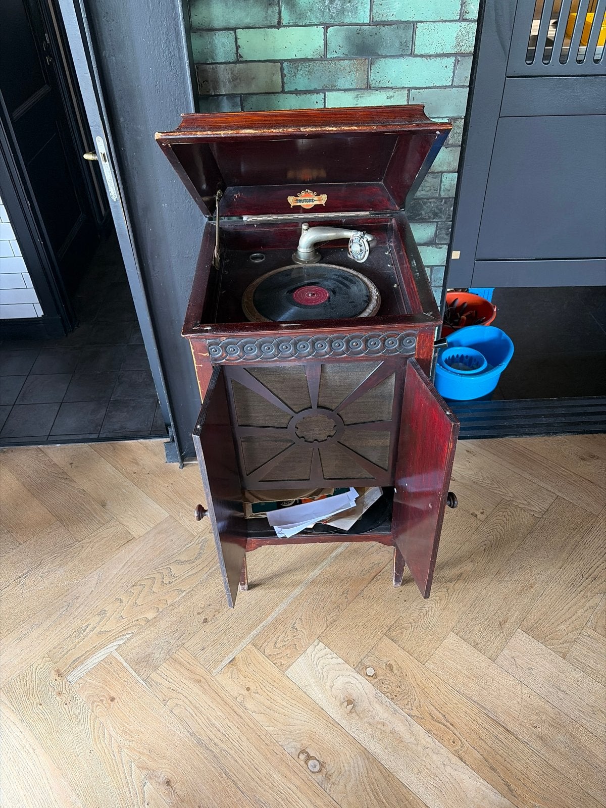 Antieke Grammofoon met Kast - Werkend, Ophalen of Verzenden