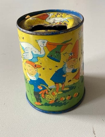 Vintage Erdal spaarpot met kabouters en ganzen, Ophalen of Verzenden, Gebruikt, Metaal of Blik, Overige thema's