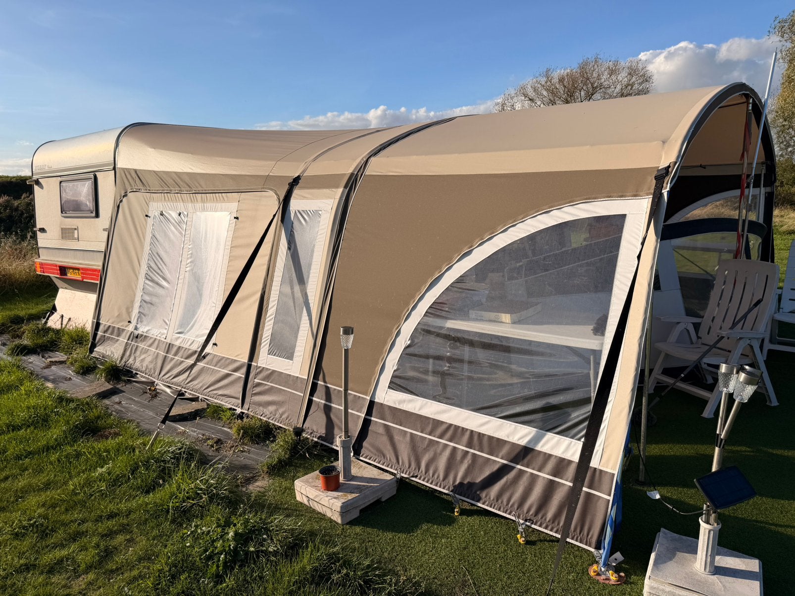 Dorema Onyx 270 beige voortent met kuipzeil, luifel maat 12, Ophalen, Zo goed als nieuw, Ten Cate All Season 240g/m2, Dorema