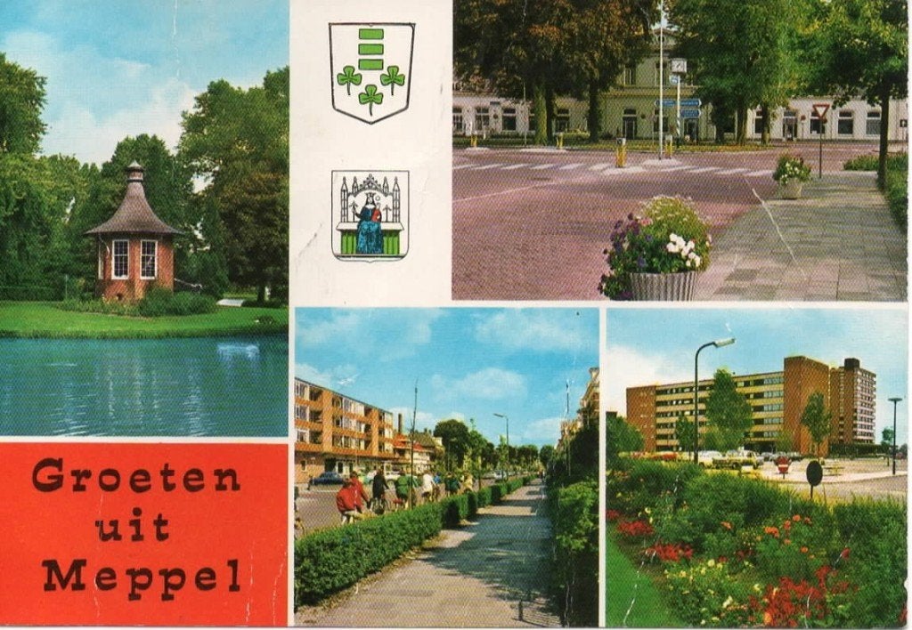 Ansichtkaart Meppel, 4-luik, theekoepel, flats, dorpsgezicht, Ophalen of Verzenden, 1960 tot 1980, Gelopen, Drenthe