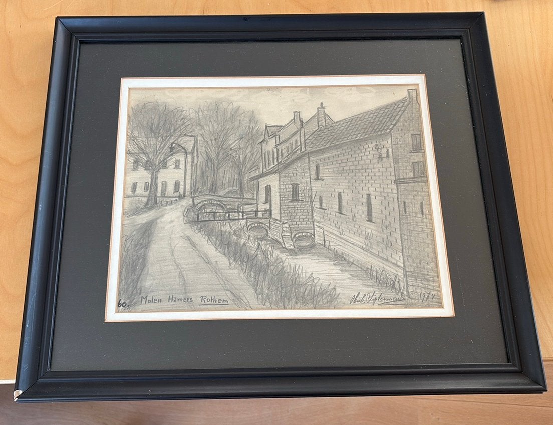 Oliemolen Rothem - Hub Systermans 1974, Ophalen of Verzenden, Tekening, Houtskooltekening, Achter glas