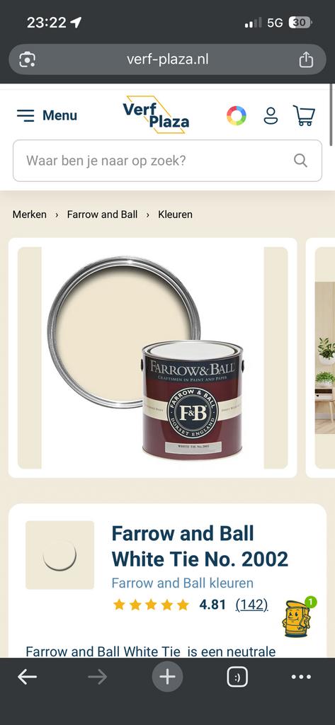 Wijzonol muurverf Farrow & Ball White Tie - 10 Liter, Doe-het-zelf en Verbouw, Verf, Beits en Lak, Ophalen, Wit, 10 tot 15 liter