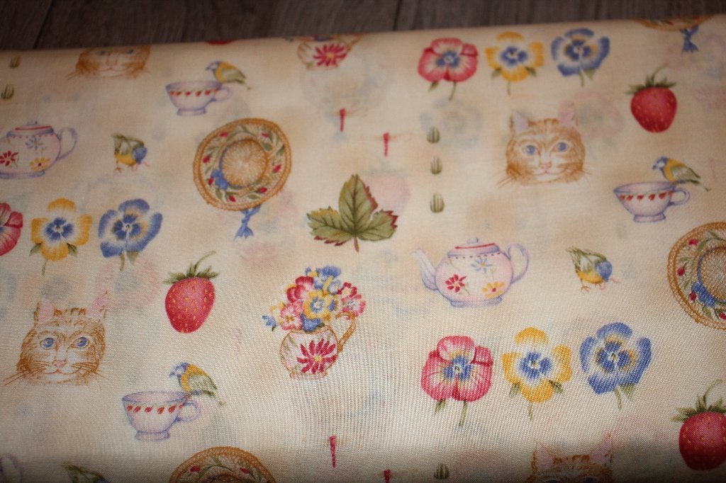 Rol vintage 100% katoen stof - beige kat theepot bloem #4517, Beige, Ophalen of Verzenden, 30 tot 120 cm, Katoen