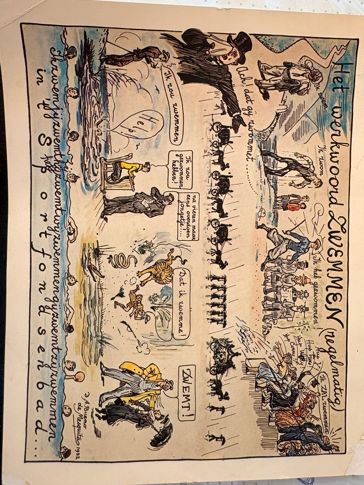 Het werkwoord ZWEMMEN (regelmatig) - A. Bueno de Mesquita, Ophalen of Verzenden, Tekening, Gemengde techniek, Gesigneerd