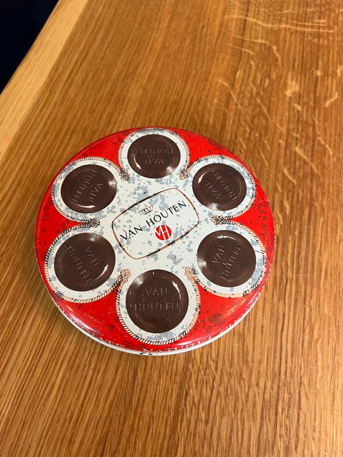 Vintage Van Houten Chocolade Blik - Rond, Verzamelen, Ophalen of Verzenden, Gebruikt, Koek(jes), Overige merken