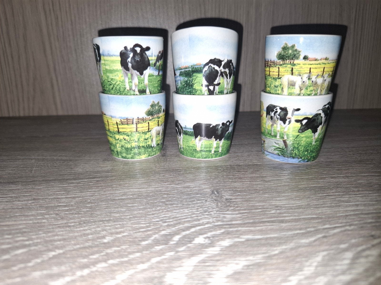 Set van 6 eierdopjes met koeienprint, Ophalen, Gebruikt, Keramiek, Landelijk/Boerenbont