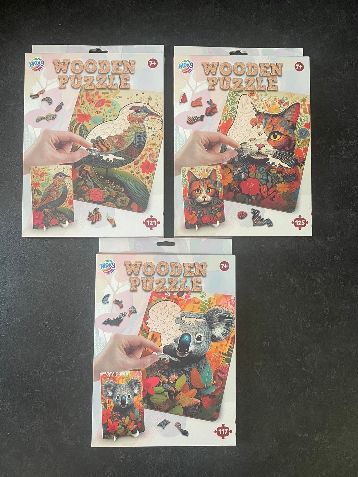 houten puzzel kat vogel koala wooden shaped 3 st 12,5, Ophalen of Verzenden, Minder dan 500 stukjes, Zo goed als nieuw