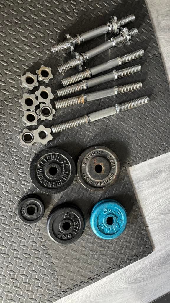 Halters 6x met gietijzeren gewichten, Ophalen, Gebruikt, Halterset