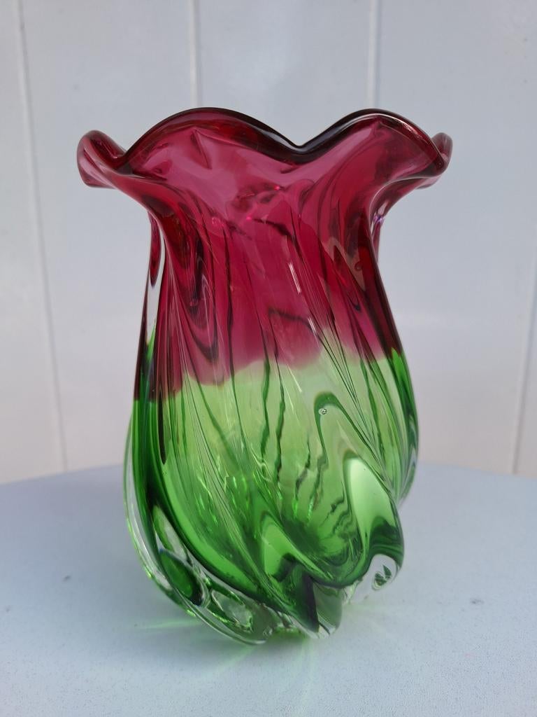 Vintage Murano vaas roze groen glas glaswerk, Ophalen of Verzenden