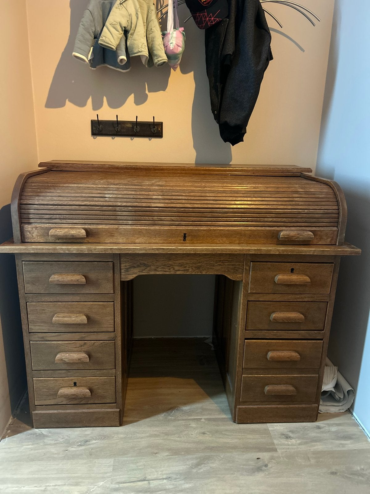 Vintage Engels Rolluik Bureau (Secretarie) Ca. 1920, Ophalen