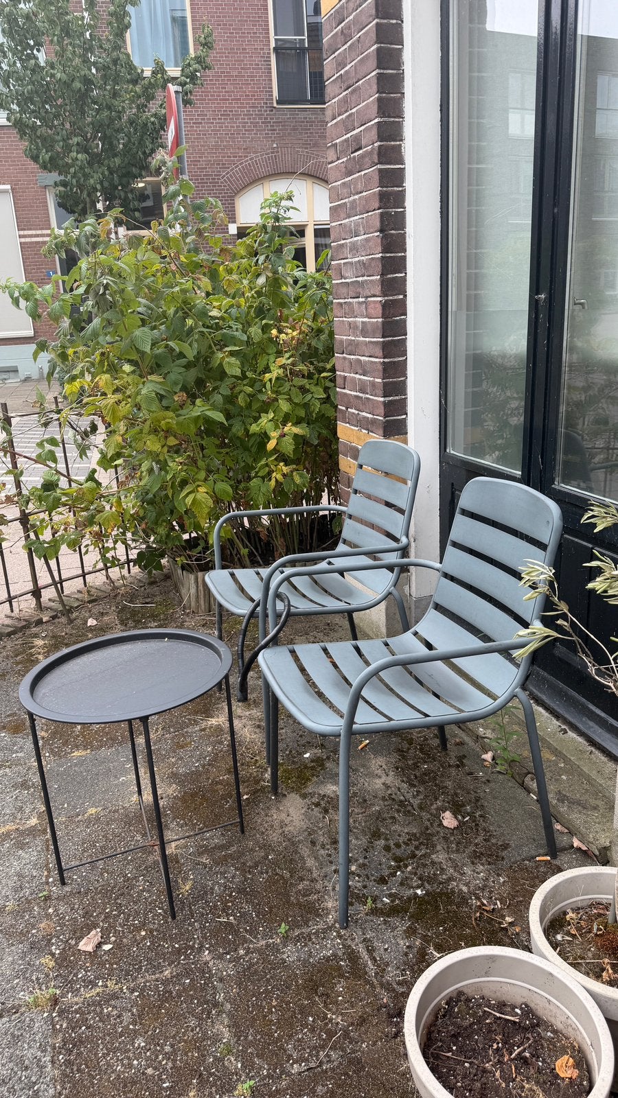 2 antraciete tuinstoelen (met eventueel tafeltje), Tuin en Terras, Ophalen, Zo goed als nieuw, Rvs