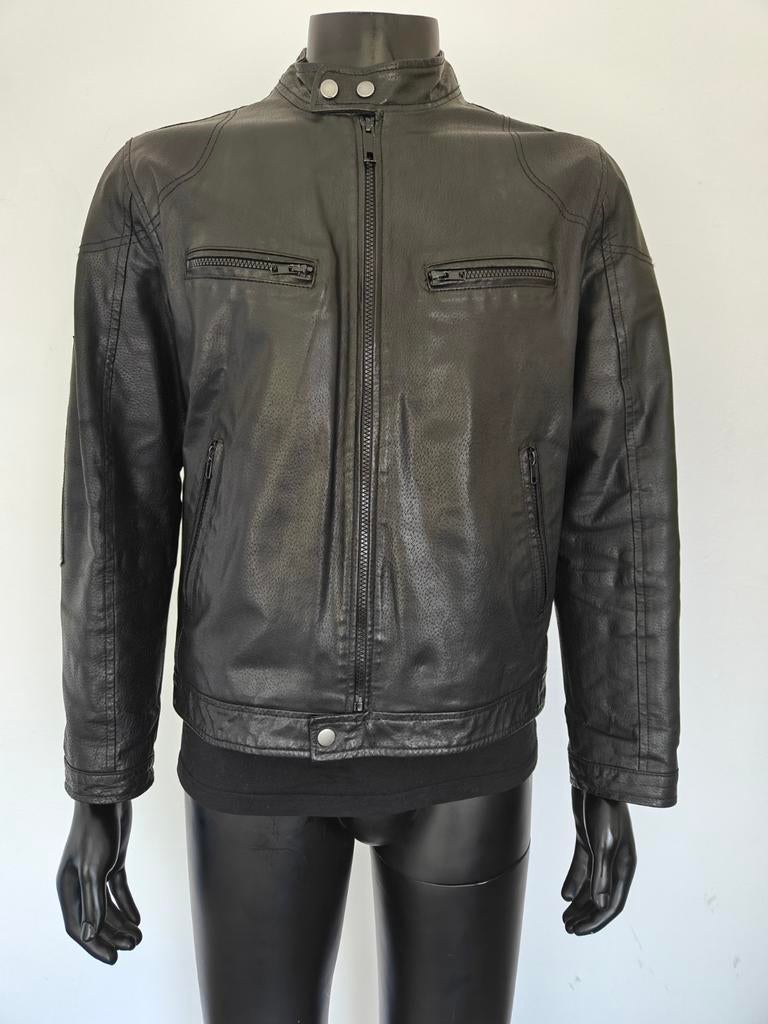 Zwarte leren jas maat L – biker style / minimalistisch model, Heren, Ophalen of Verzenden, Tweedehands, T-Traxx