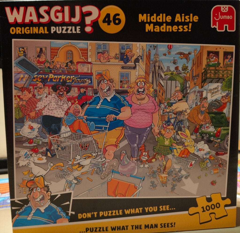 Wasgij Puzzel original 46 Middle aisle madness te koop, Ophalen of Verzenden, 500 t/m 1500 stukjes, Zo goed als nieuw, Legpuzzel