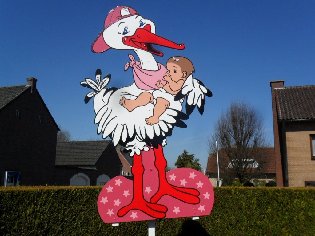 Geboorteborden / geboortebord o.a. ooievaar met roze pet, Ophalen, Nieuw, Geboortebord