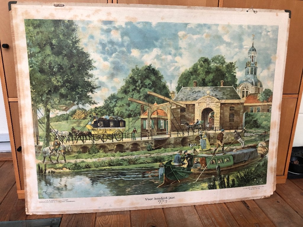 schoolplaat "Voor honderd jaar", Antiek en Kunst, Antiek | Schoolplaten, Ophalen, Geschiedenis