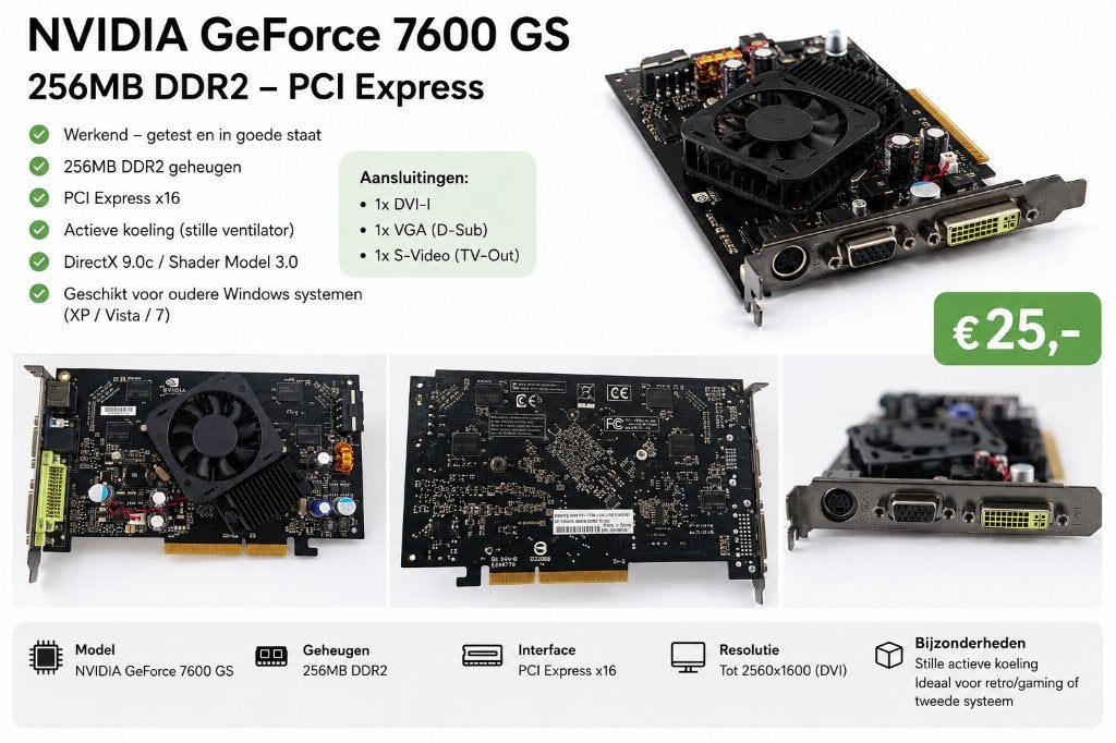 NVIDIA GeForce 7600 GS 256MB DDR2 PCIe Werkend, Computers en Software, Videokaarten, Gebruikt, Ophalen of Verzenden, DVI, PCI-Express 1
