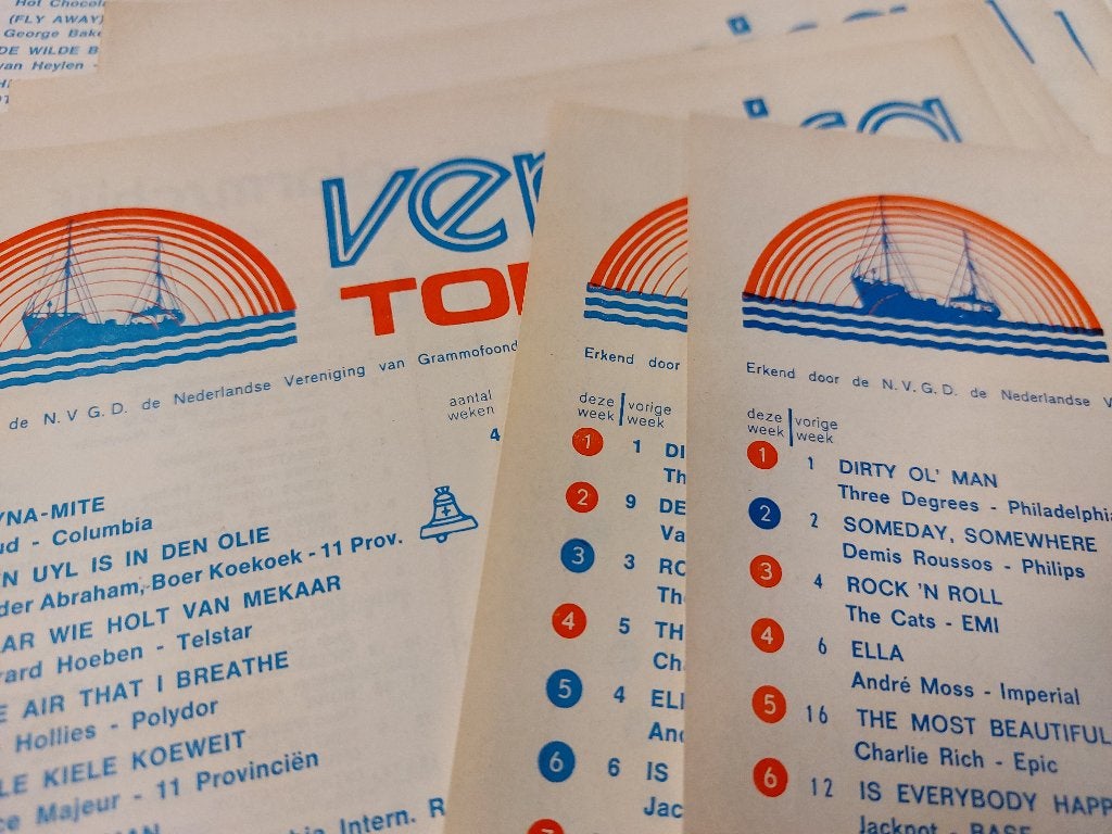 Top 40 velletjes Radio Veronica 1974 - 36 stuks, Verzamelen, Muziek, Artiesten en Beroemdheden, Gebruikt, Top 40, Ophalen of Verzenden