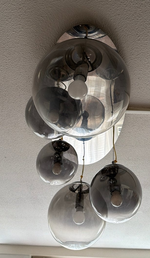 Moderne plafondlamp met 6 glazen bollen, Ophalen, Gebruikt, Glas, E27 (groot)