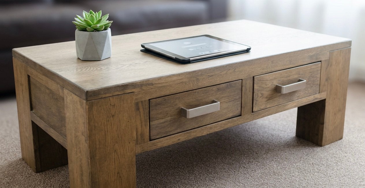 Massief houten Salontafel met Lades - Hoge kwaliteit!, Ophalen, 100 tot 150 cm, Eikenhout, Zo goed als nieuw