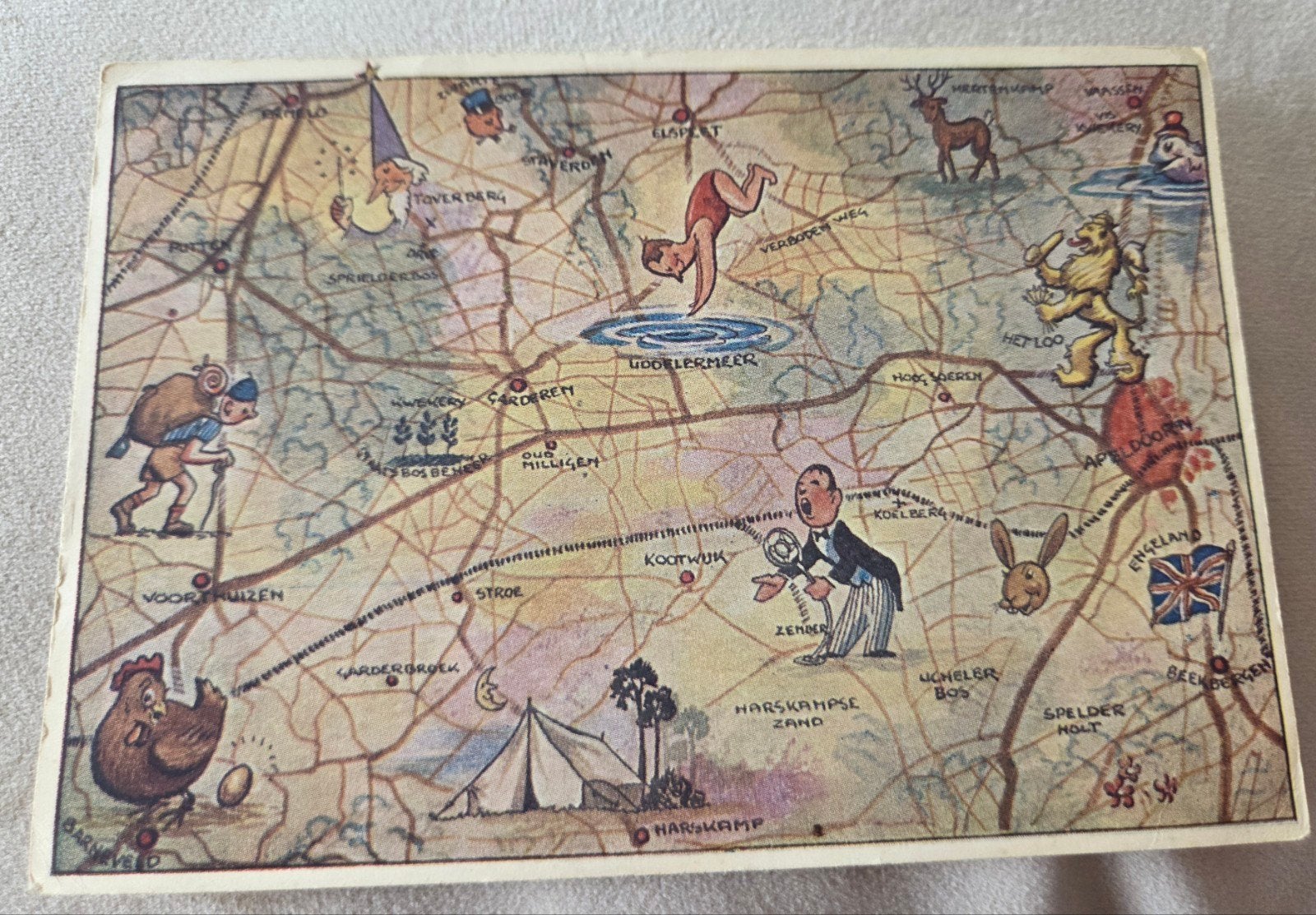 Humoristische kaart van de Veluwe, Verzenden, 1940 tot 1960, Gelopen, Overige thema's