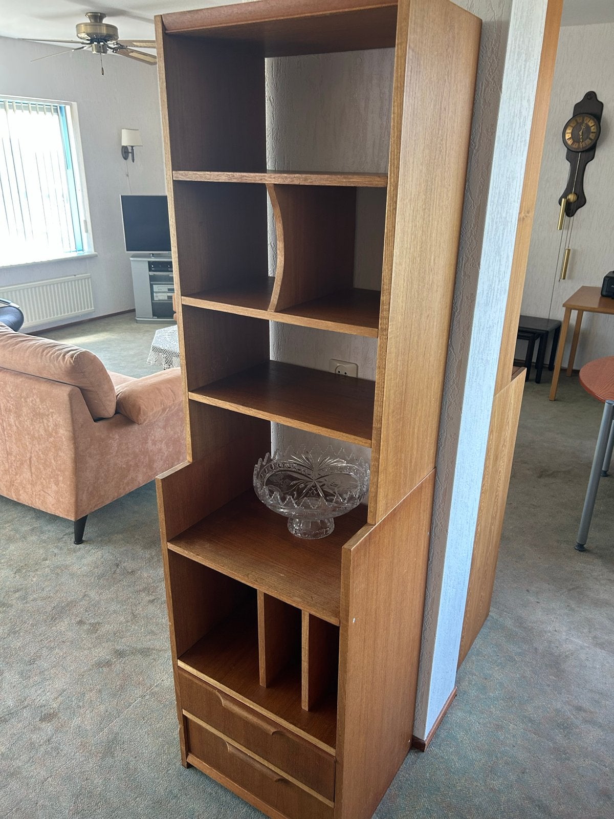 Vintage Teakhouten Boekenkast met Lades en Planken, Ophalen, Gebruikt, Teakhout, 50 tot 100 cm