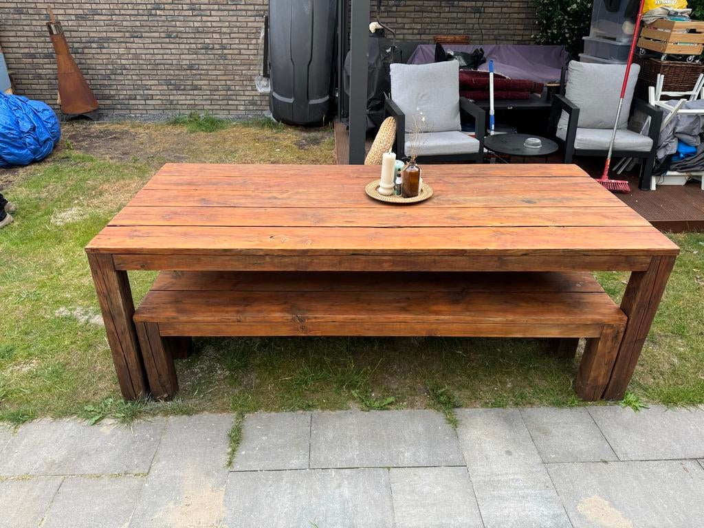Robuuste houten tuintafel met bankjes 98x220cm, Zo goed als nieuw, Minder dan 50 cm, Rechthoekig, 50 tot 100 cm