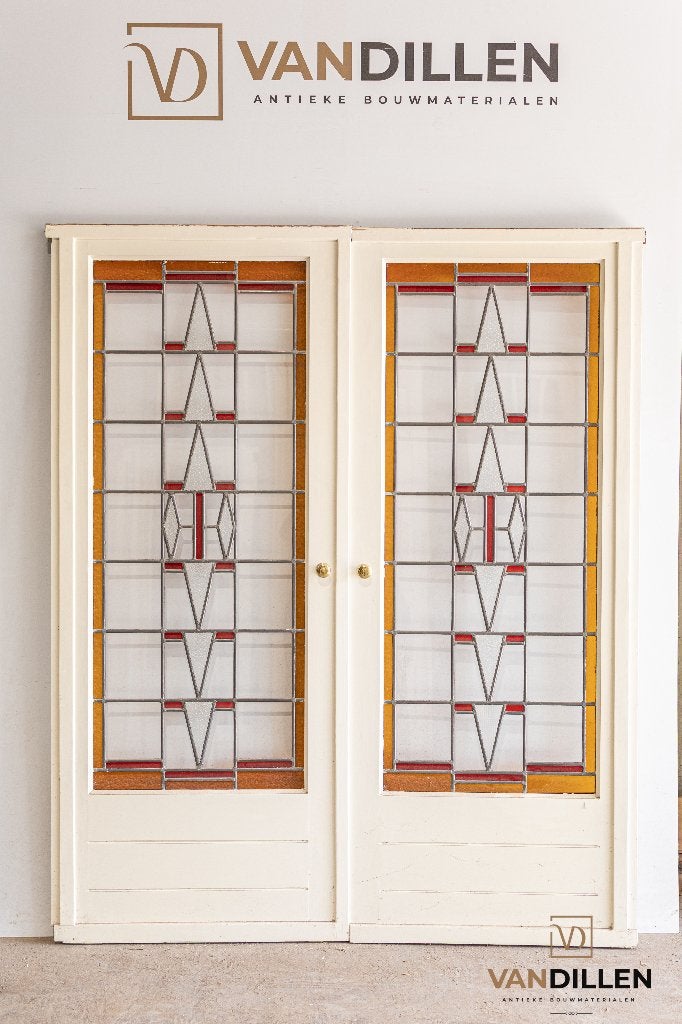 Ensuite schuifdeuren glas in lood motief met kleur, 120 cm of meer, Binnendeur, Ophalen of Verzenden, Schuifdeur