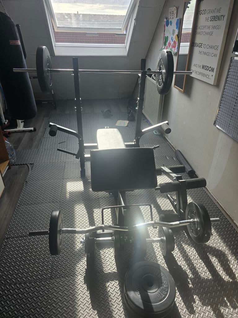 Krachtstation met halterbank en gewichten gorilla, Sport en Fitness, Fitnessapparatuur, Ophalen of Verzenden, Gebruikt, Rug, Krachtstation