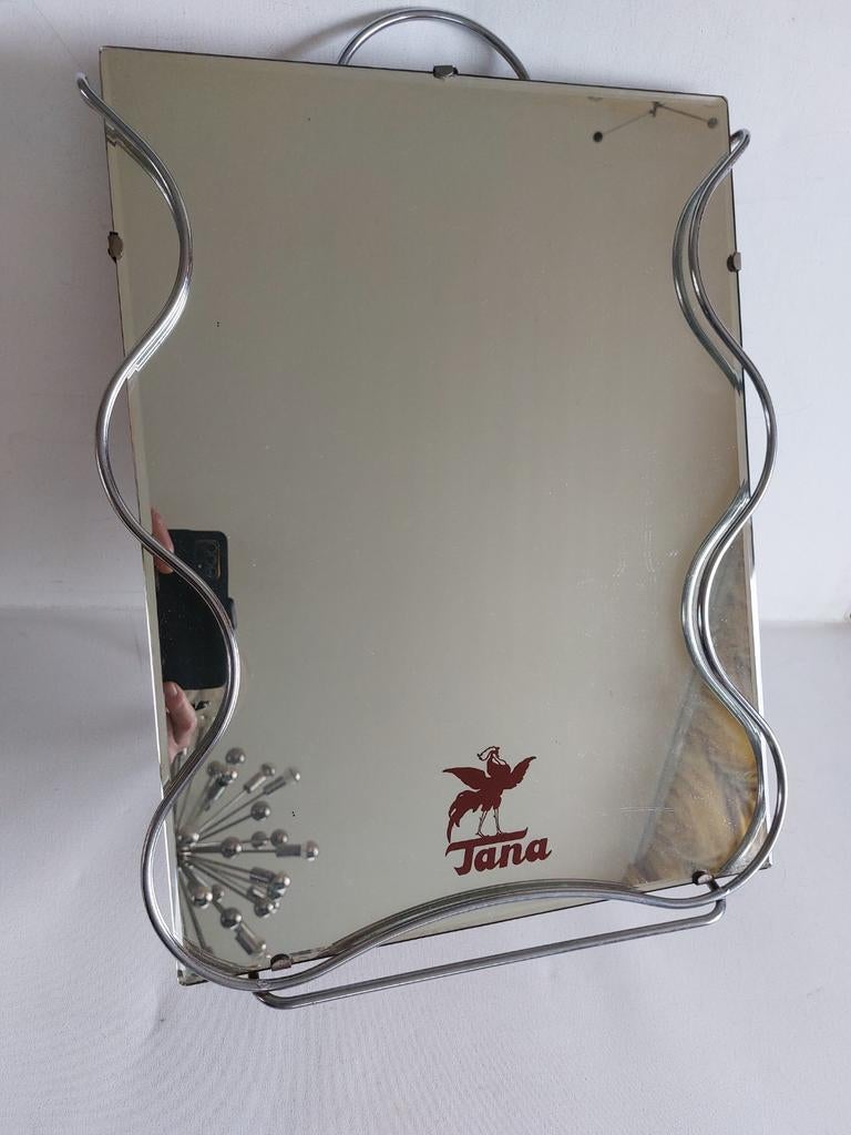 Vintage Tana pas spiegel met metalen frame, Antiek en Kunst, Ophalen, Rechthoekig, Minder dan 50 cm