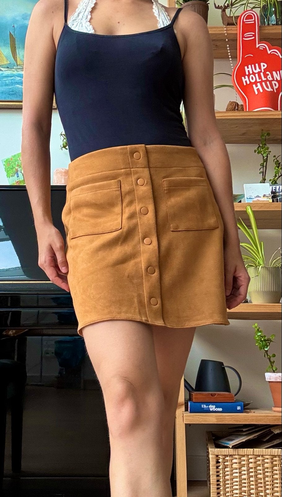 Costes Basic suède look rokje met knopen, maat XS, Bruin, Verzenden, Zo goed als nieuw, Maat 34 (XS) of kleiner