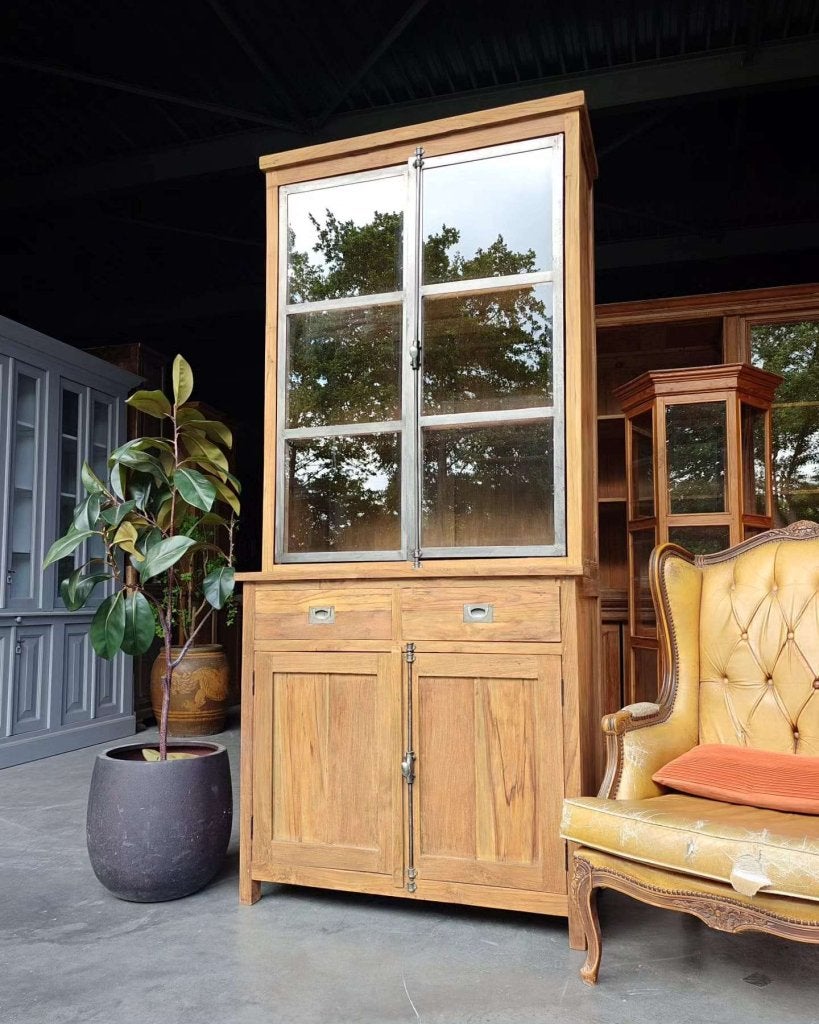 Stoere vitrinekast | Gerecycled teakhout met metaal  #3786, Glas, Met deur(en), -, 200 cm of meer