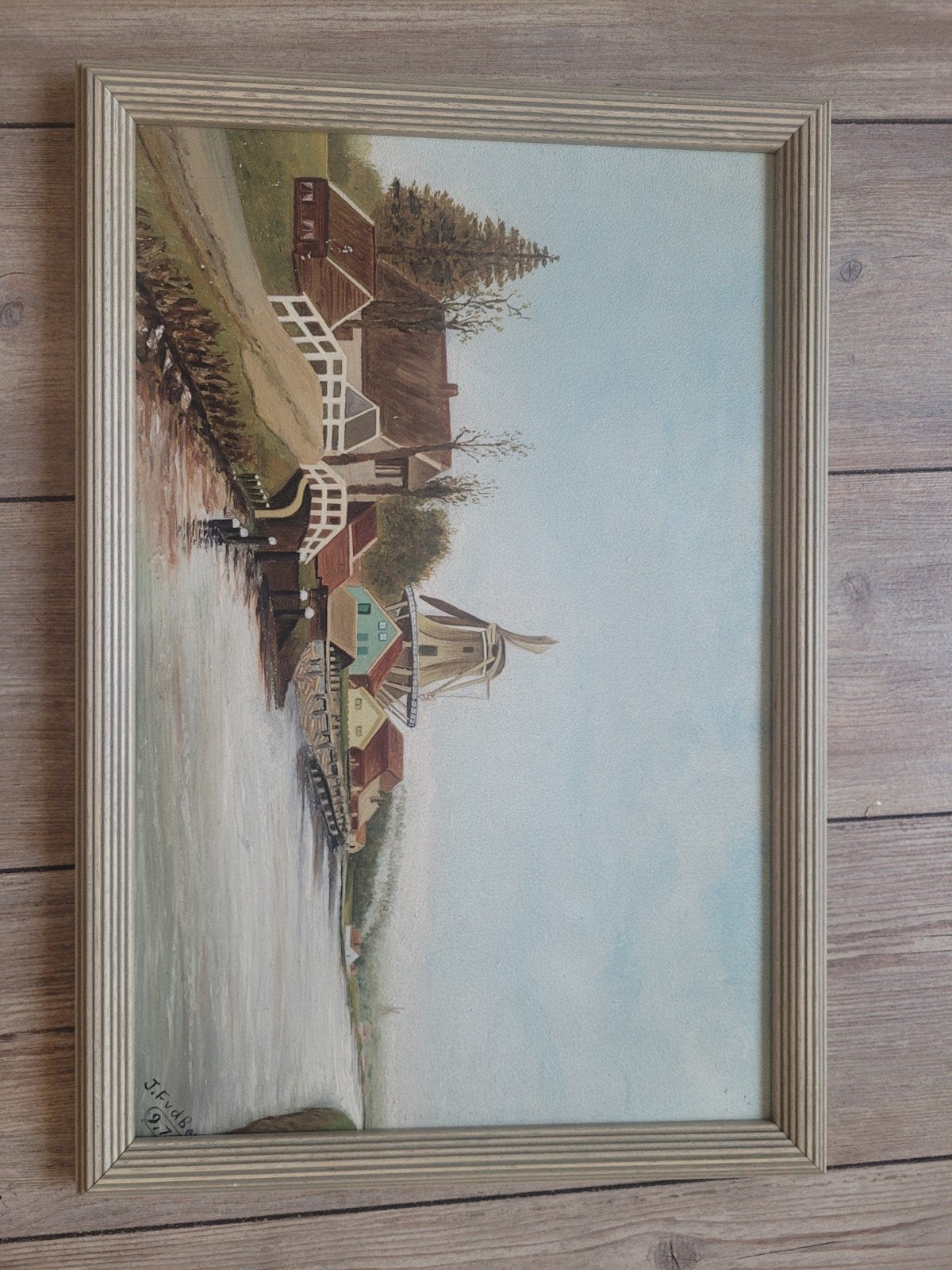 Schilderij met Hollandse molen aan het water, Antiek en Kunst, Ophalen
