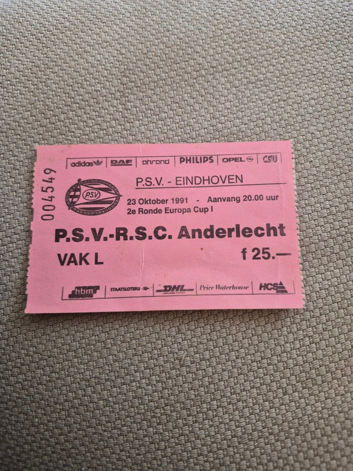Ticket PSV - RSC Anderlecht, Ophalen of Verzenden, Gebruikt, PSV, Overige typen