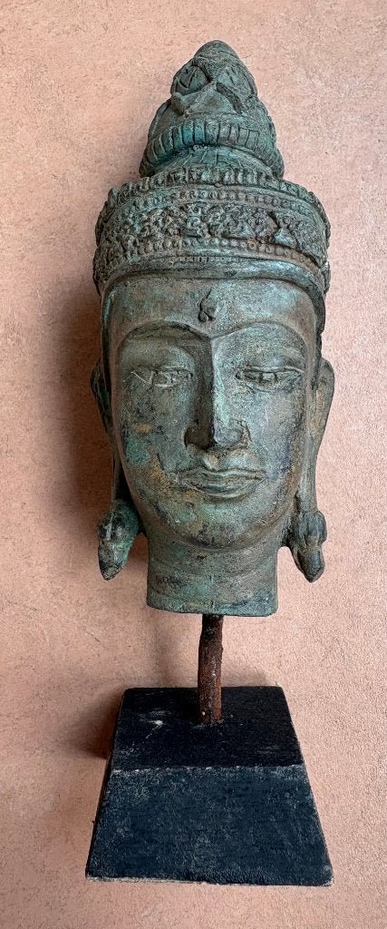 Mooi oud bronzen Boeddha hoofdje, 19 cm, Op standaard, Ophalen of Verzenden, Brons