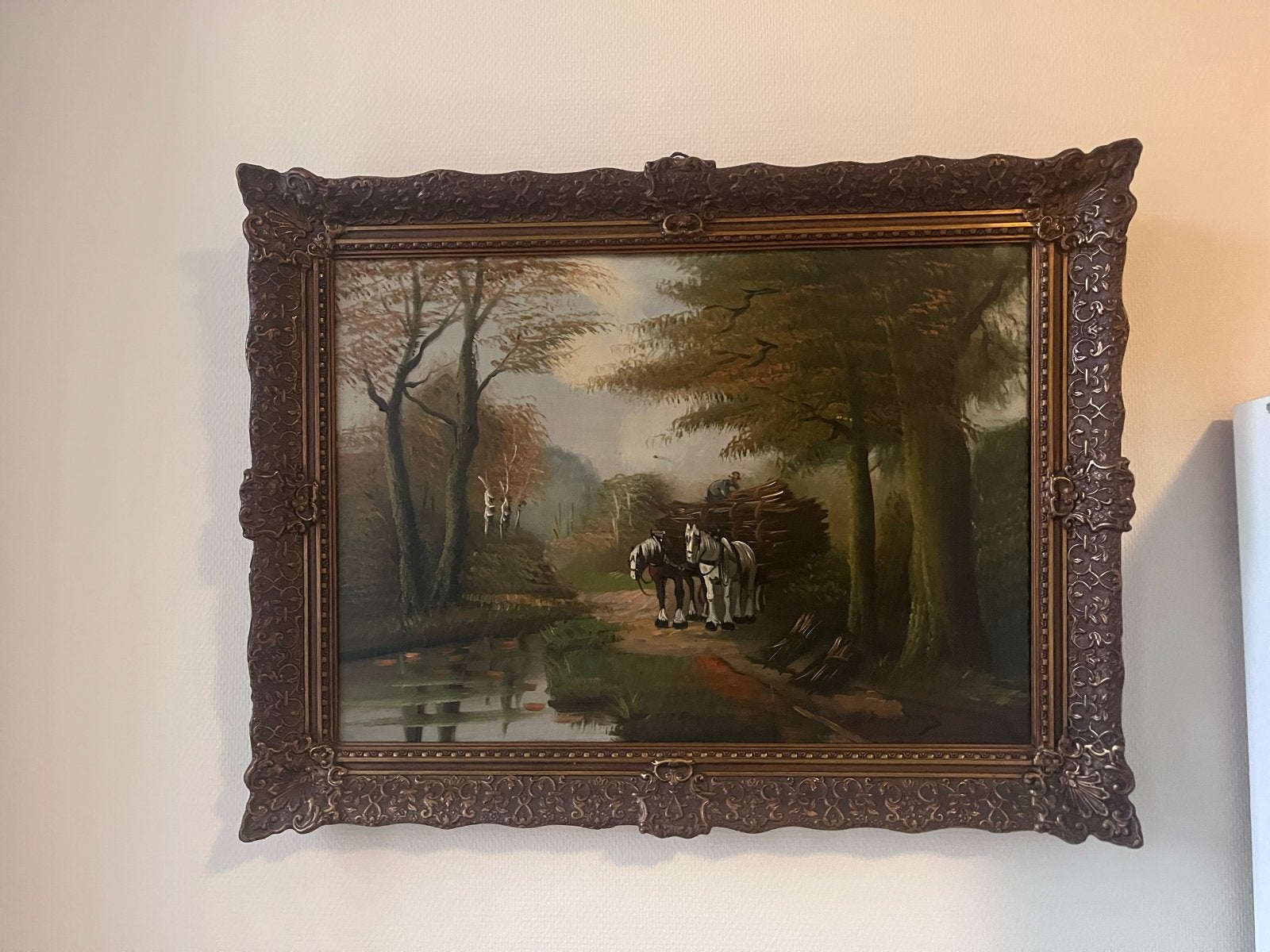 Klassiek Landschap met Paarden en Houthakkers, Doek, Ophalen of Verzenden, Olieverf, Klassiek