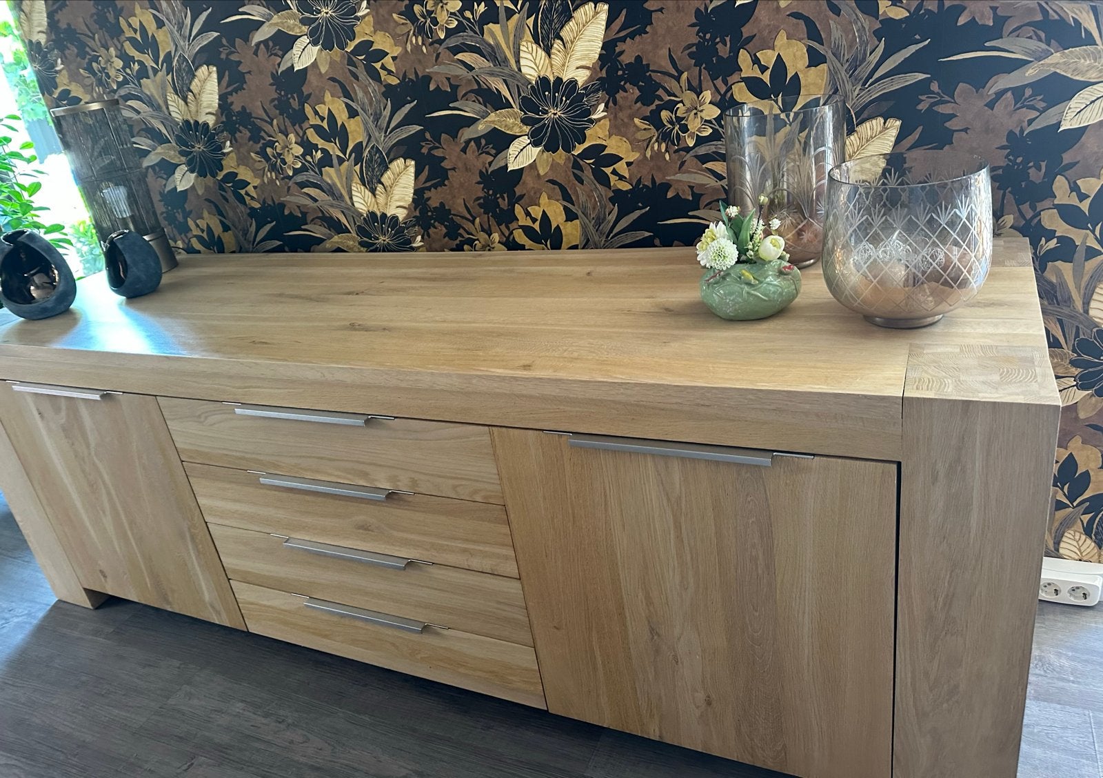 Goossens Quint Dressoir Blank Eiken 228x63x78 - Zeer Goede S, Ophalen, Eikenhout, Zo goed als nieuw, 200 cm of meer