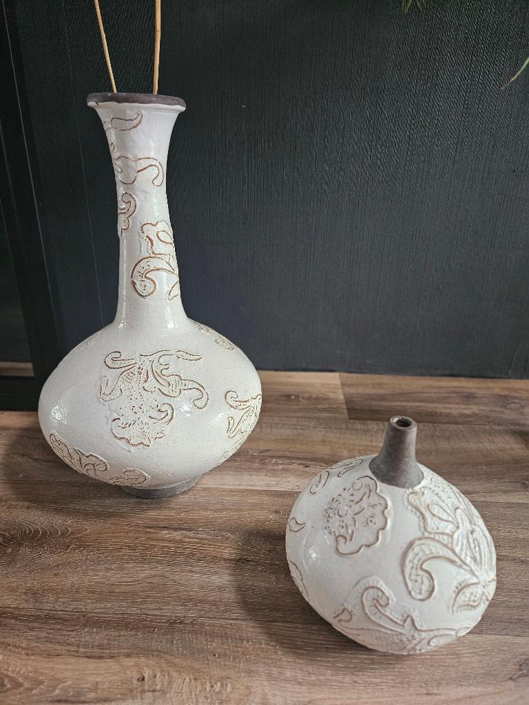 Set prachtige grote decorative Vazen Creme/beige/taupe, Ophalen, Zo goed als nieuw, Overige kleuren